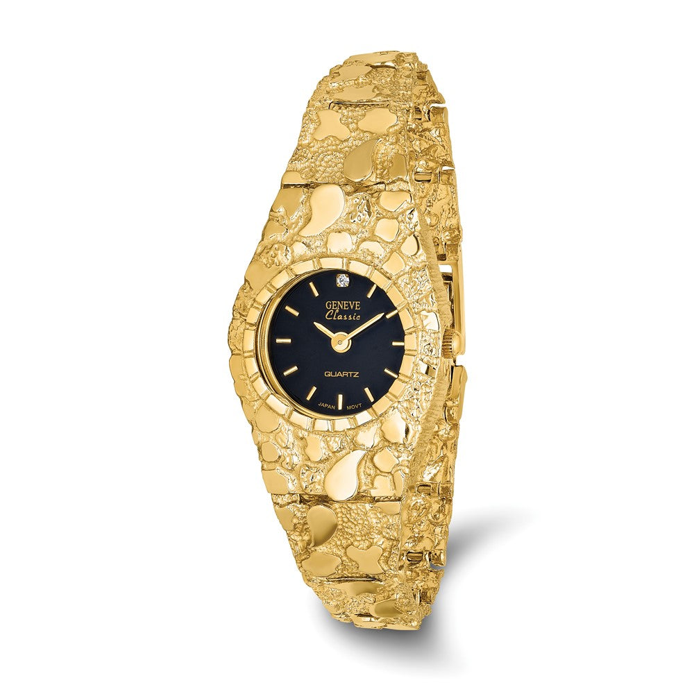 VTG QUEMEX Nugget Watch 32MM Black Dial‎ Gold Tone Bands Up to 7\