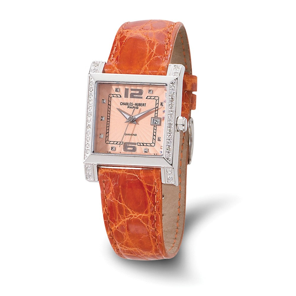 Ladies, Charles Hubert, Diamond And Leather Band, Peach Watch, Item W8136 by The Black Bow Jewelry Co.