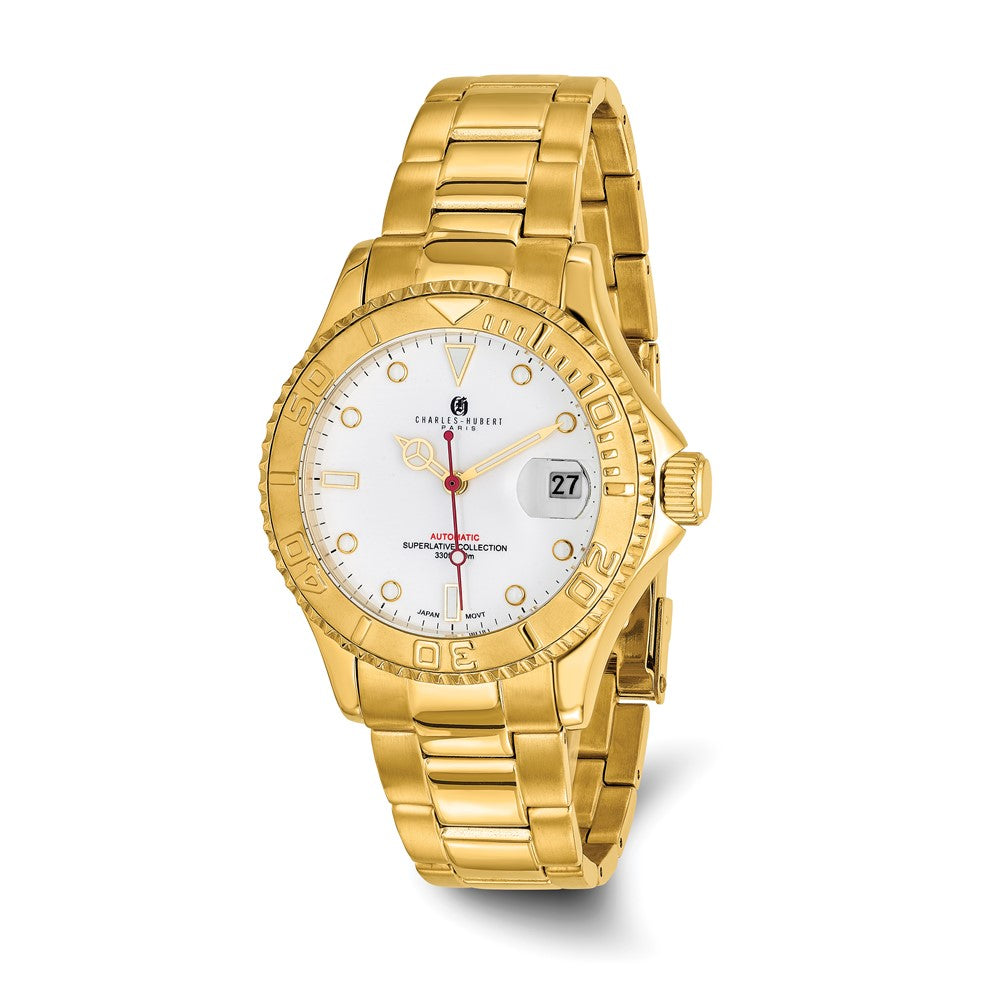 Charles Hubert Mens Gold-plated White Dial Rotating Bezel Watch, Item W8158 by The Black Bow Jewelry Co.