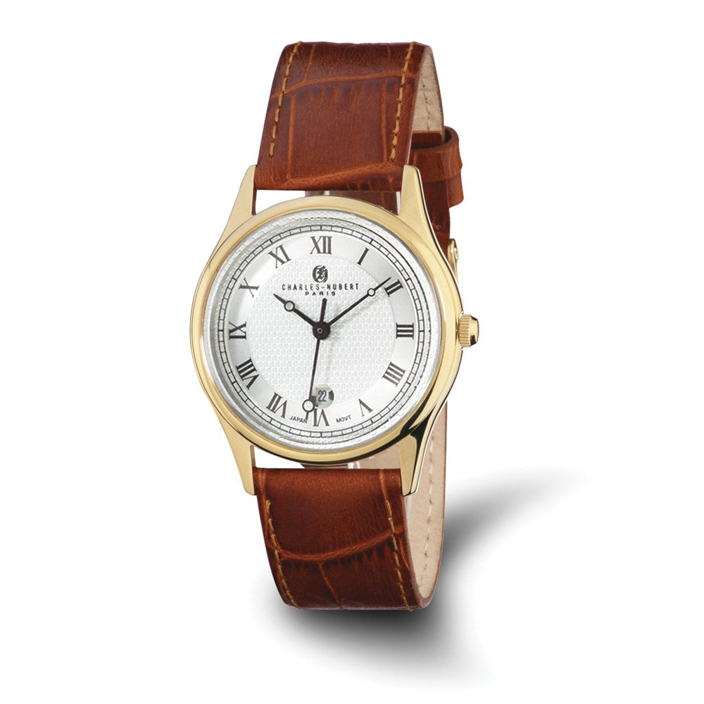 Charles Hubert Mens Brown Leather Band Round Watch, Item W8218 by The Black Bow Jewelry Co.