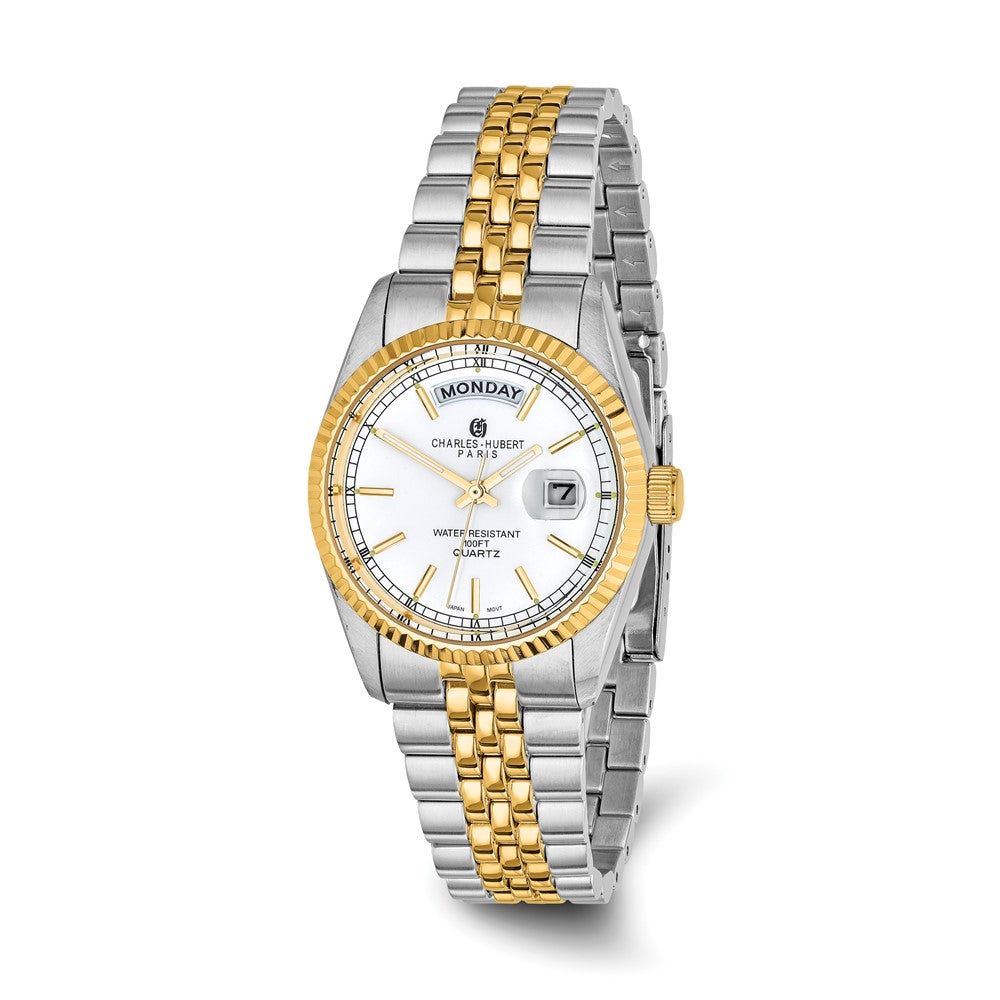 Charles Hubert Mens Two-Tone Silver-White Dial Panther Link Watch, Item W8314 by The Black Bow Jewelry Co.