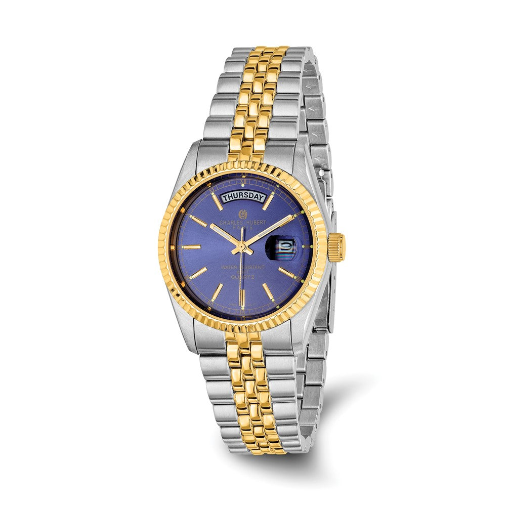 Charles Hubert Mens Two-Tone Blue Dial Panther Link Watch, Item W8316 by The Black Bow Jewelry Co.