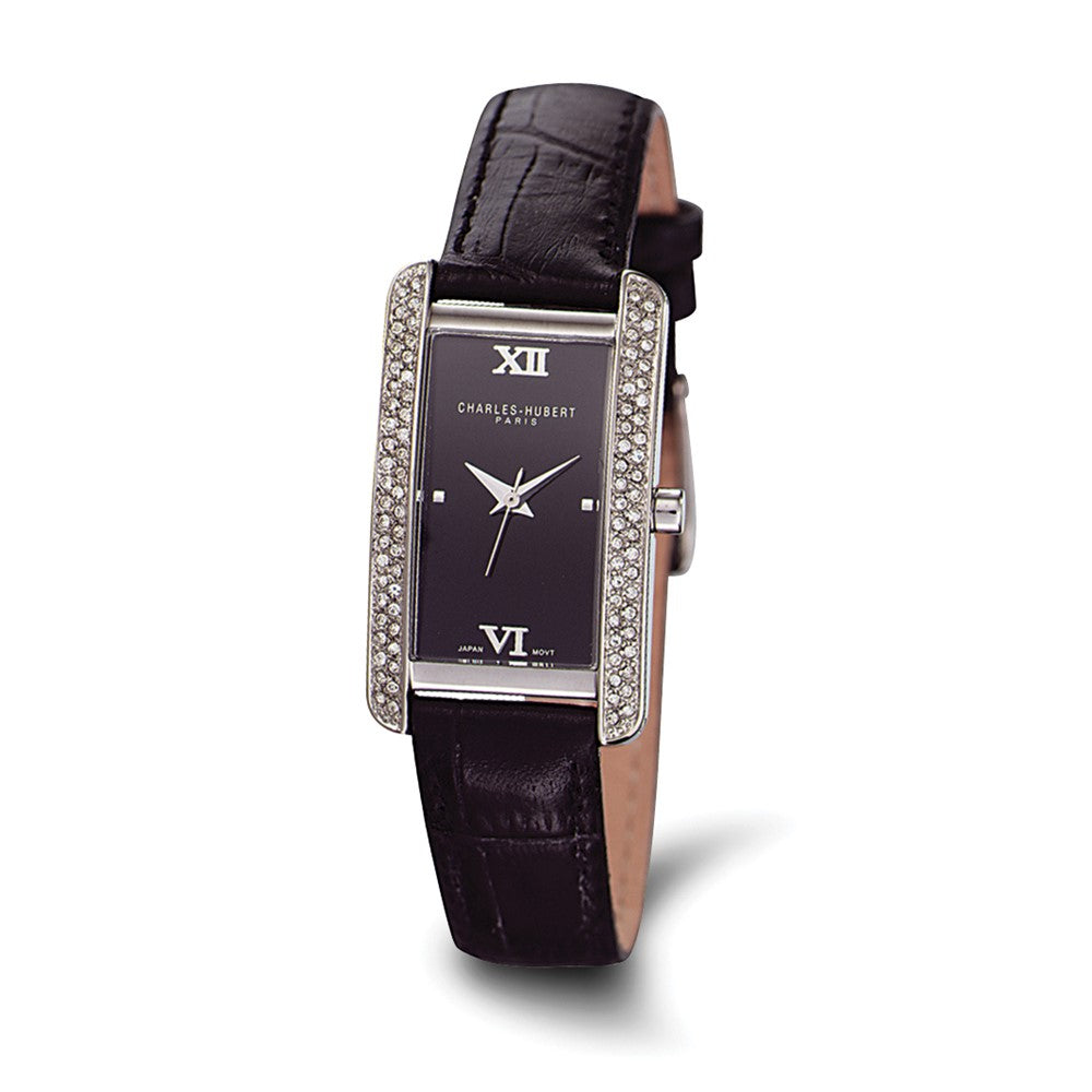 Charles Hubert Ladies Rectangular Black Leather Band Watch, Item W8367 by The Black Bow Jewelry Co.