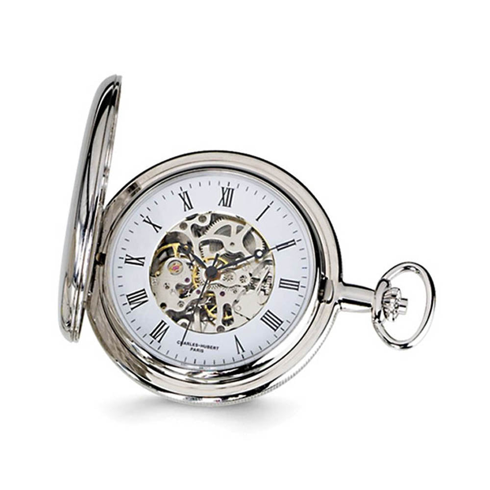Charles Hubert Chrome-finish White Skeleton Dial Pocket Watch, Item W8409 by The Black Bow Jewelry Co.