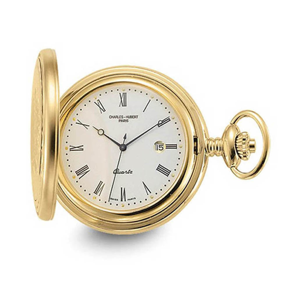 Charles Hubert Gold Finish Off-White Dial with Date Pocket Watch, Item W8410 by The Black Bow Jewelry Co.