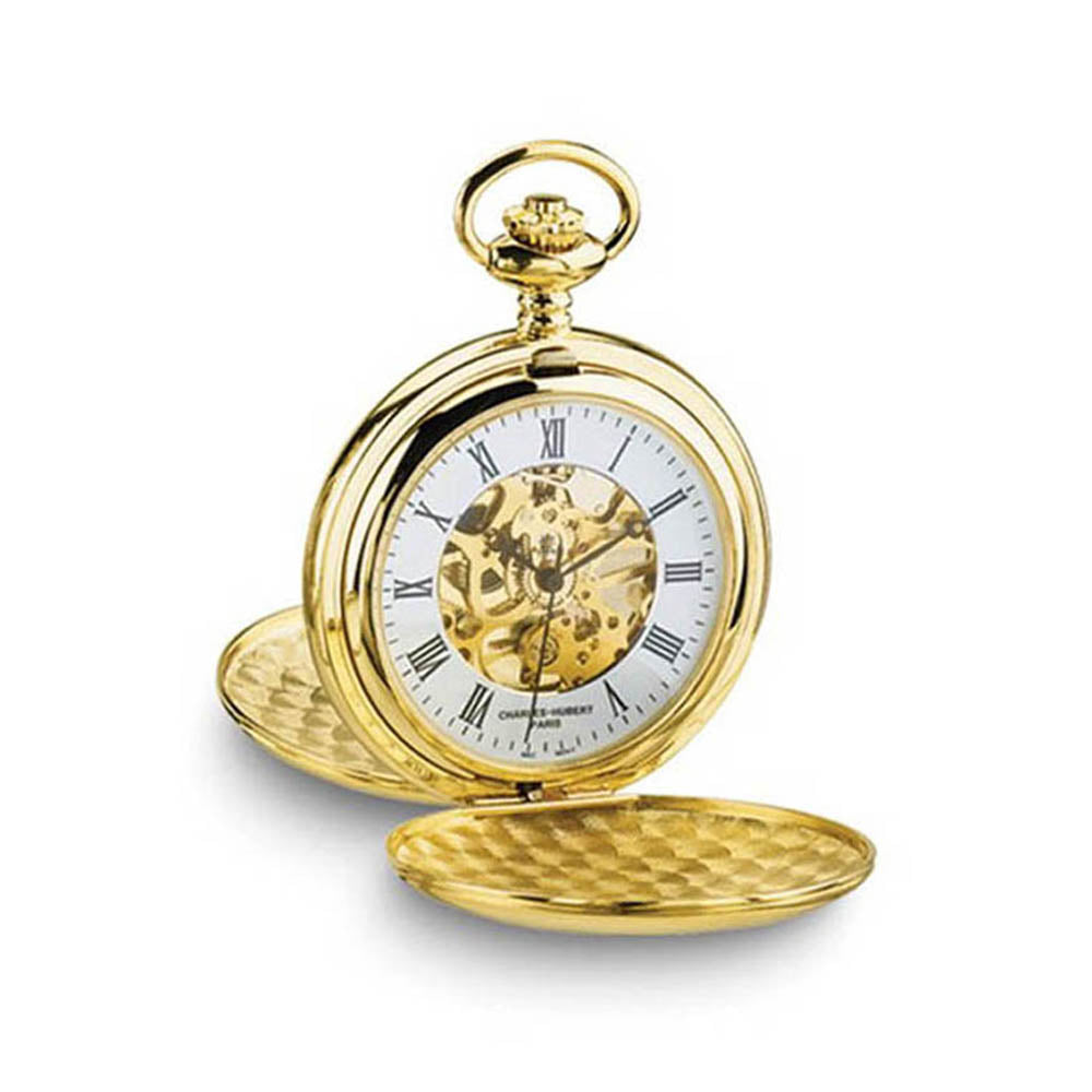 Charles Hubert 14k Gold Finish White Skeleton Dial Pocket Watch, Item W8412 by The Black Bow Jewelry Co.