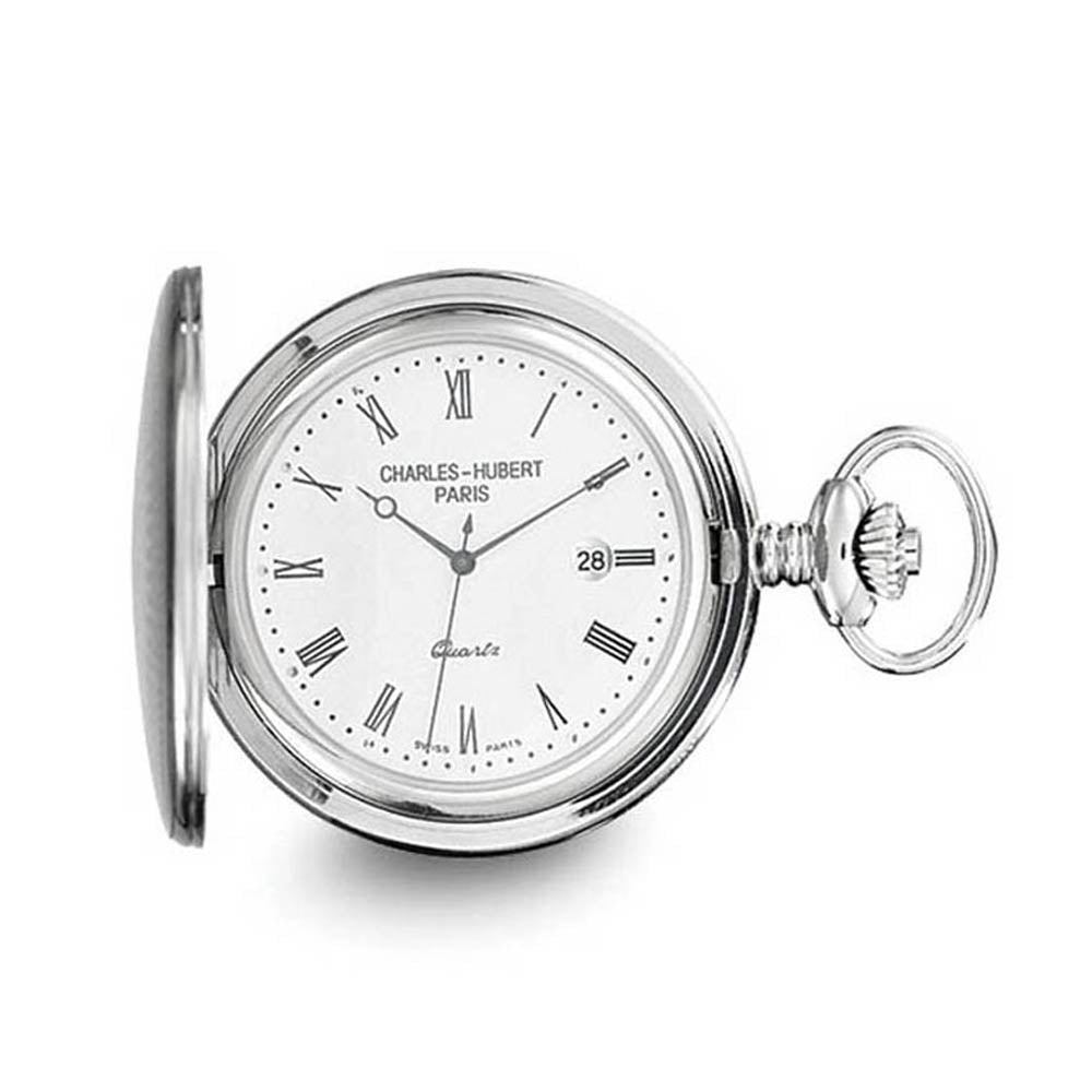 Charles Hubert Stainless Steel White Dial Pocket Watch, Item W8414 by The Black Bow Jewelry Co.