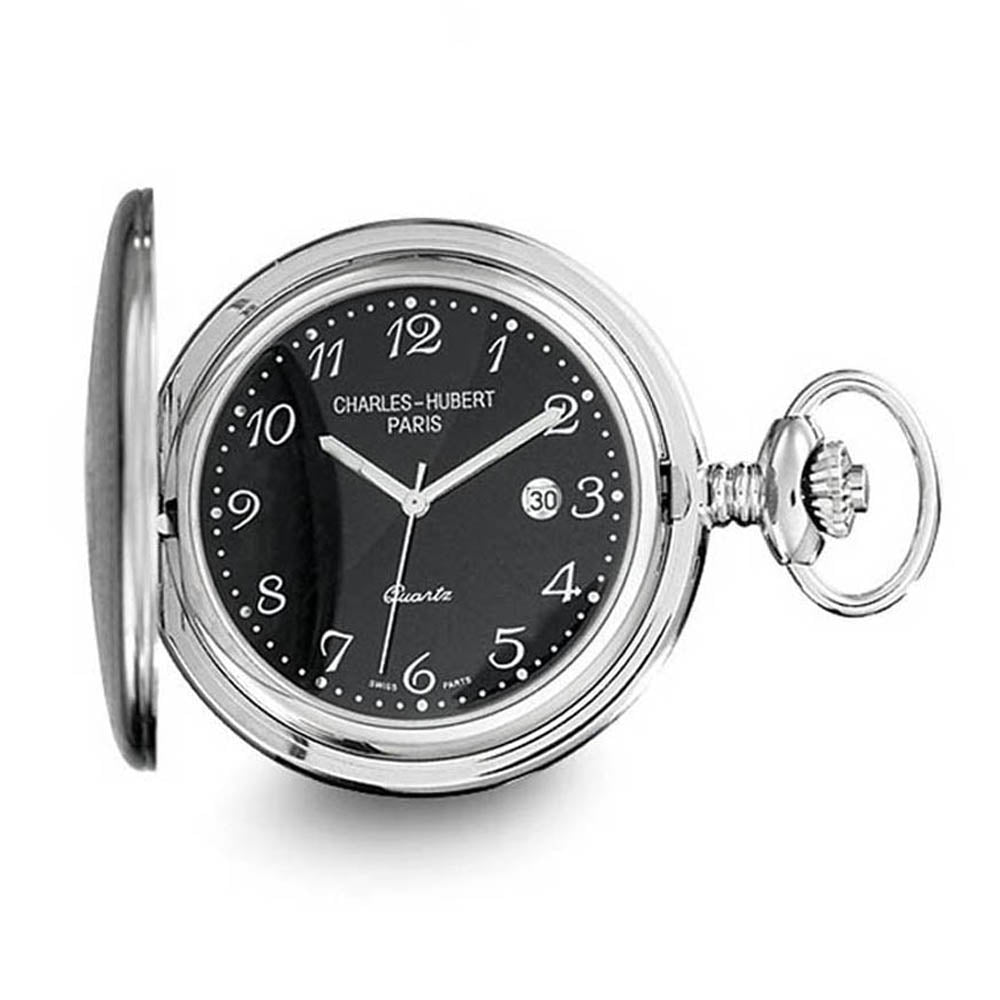 Charles Hubert Stainless Steel Black Dial Pocket Watch, Item W8415 by The Black Bow Jewelry Co.