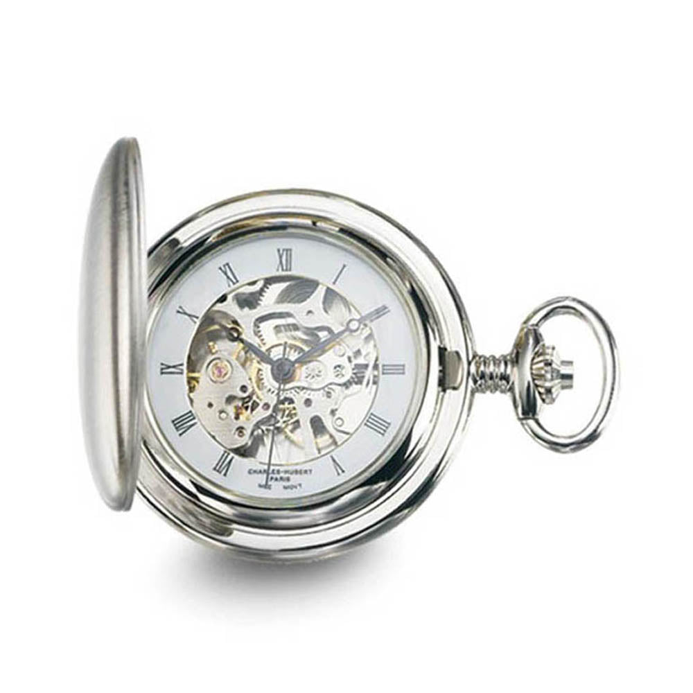 Charles Hubert Chrome Finish White Skeleton Dial Pocket Watch, Item W8419 by The Black Bow Jewelry Co.