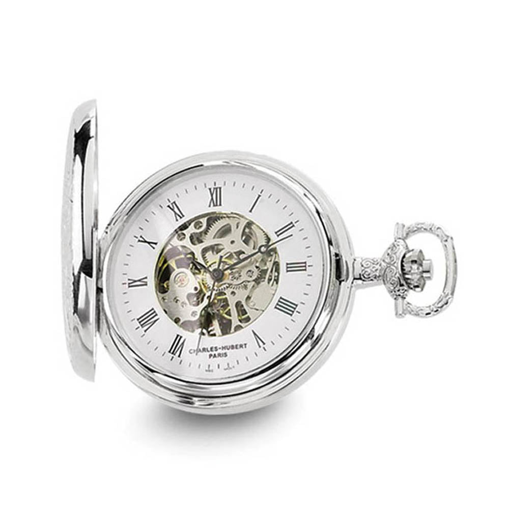 Charles Hubert Chrome-finish White Dial 50mm Ornate Pocket Watch, Item W8421 by The Black Bow Jewelry Co.