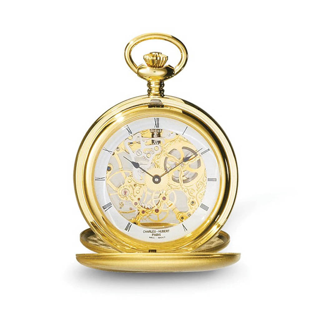 Charles Hubert IP-pltd Stainless Double Cover Satin Pocket Watch, Item W8423 by The Black Bow Jewelry Co.