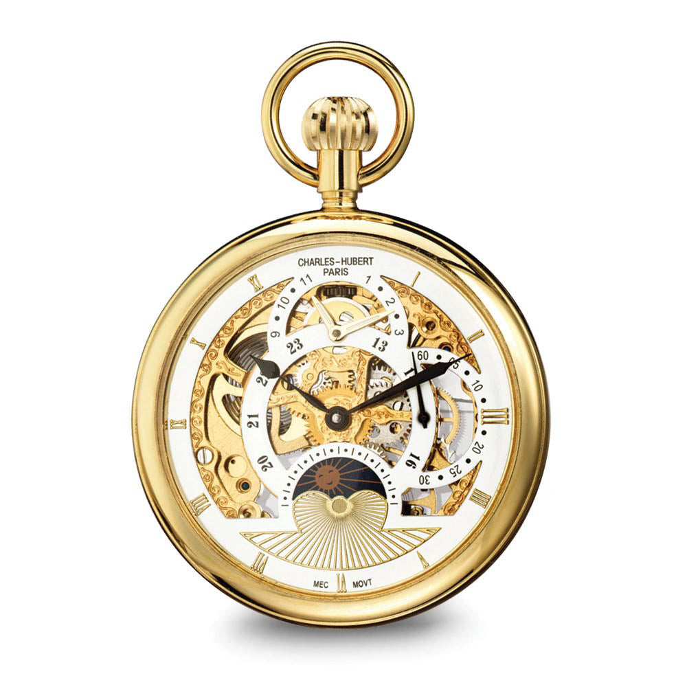Charles Hubert IP-pltd Stnlss Open Face Dual Time Pocket Watch, Item W8425 by The Black Bow Jewelry Co.