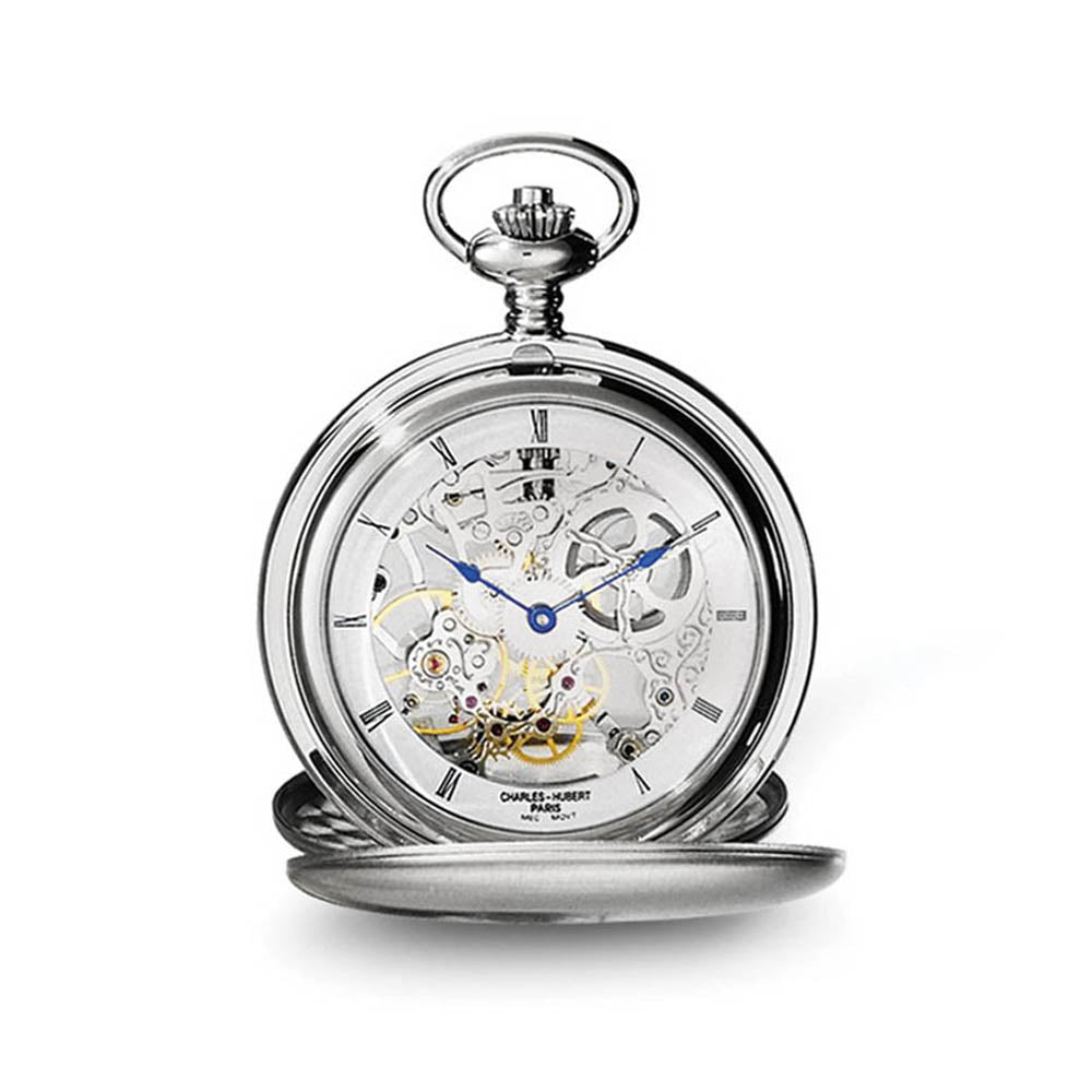 Charles Hubert Stainless Steel Double Cover Satin Pocket Watch, Item W8428 by The Black Bow Jewelry Co.