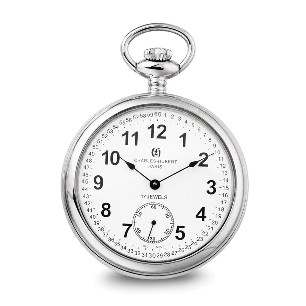 Charles Hubert Stainless Steel Open Face 52mm Analog Pocket Watch, Item W8430 by The Black Bow Jewelry Co.