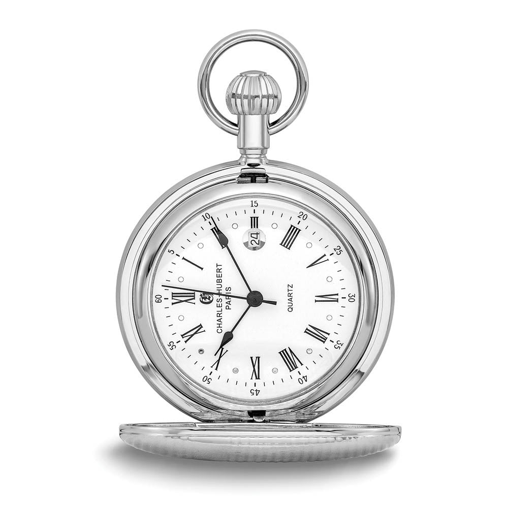 Charles Hubert Chrome Finish Brass Striped Pocket Watch, Item W8433 by The Black Bow Jewelry Co.