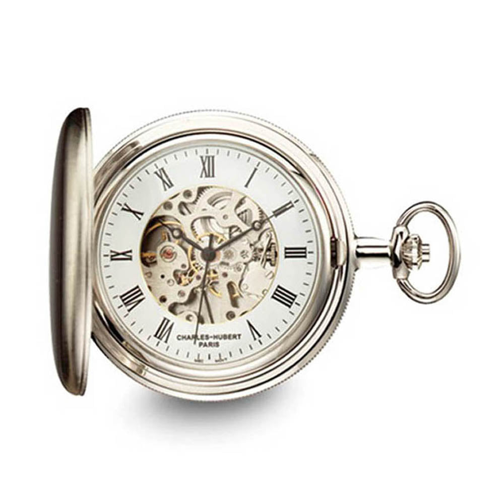 Charles Hubert Satin Chrome Finish Brass Pocket Watch, Item W8435 by The Black Bow Jewelry Co.