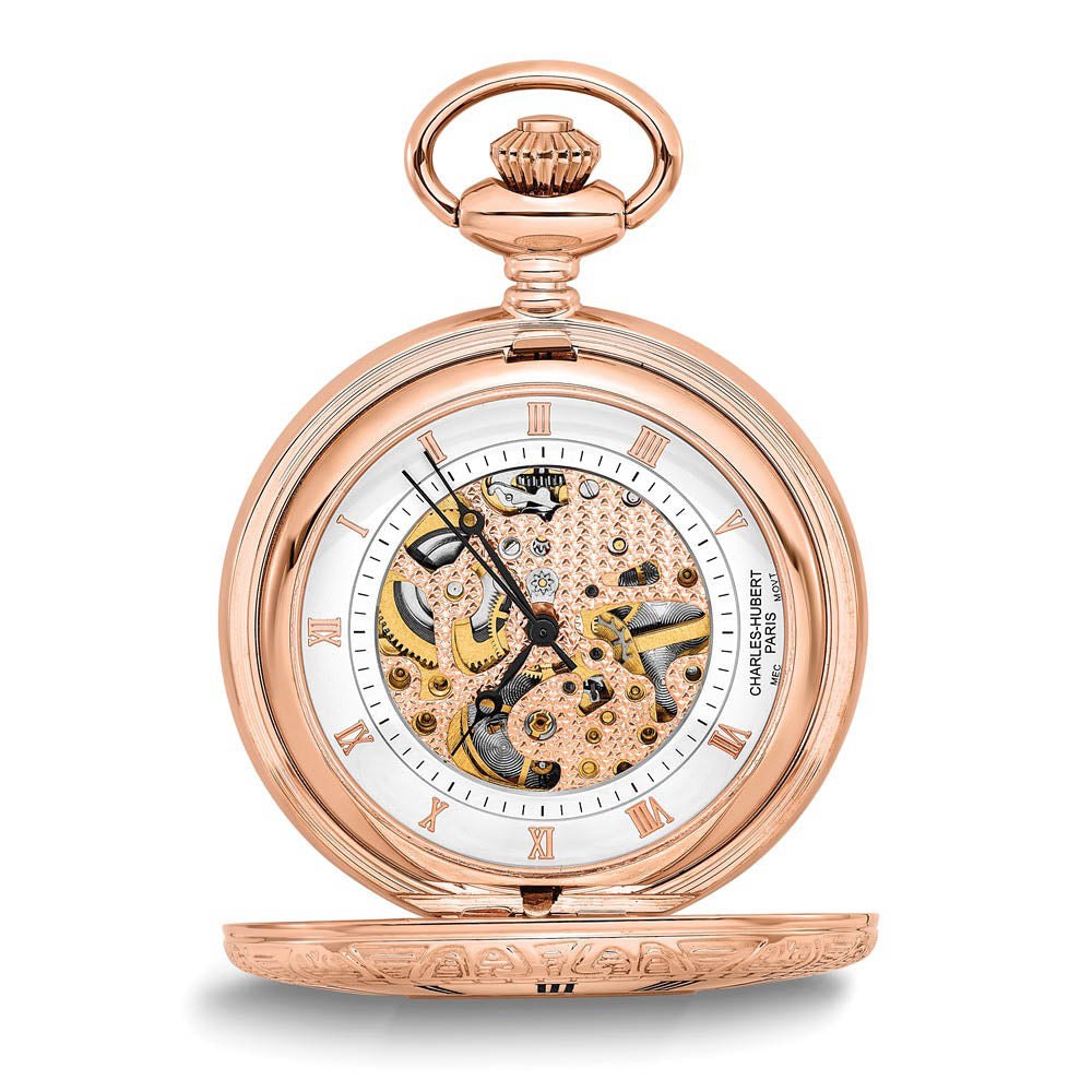 Charles Hubert Rose Gold Finish Brass Window Cover Pocket Watch, Item W8437 by The Black Bow Jewelry Co.