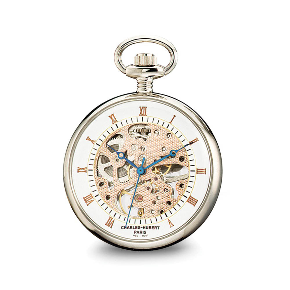 Charles Hubert Chrome Finish Brass Open Face Pocket Watch, Item W8443 by The Black Bow Jewelry Co.