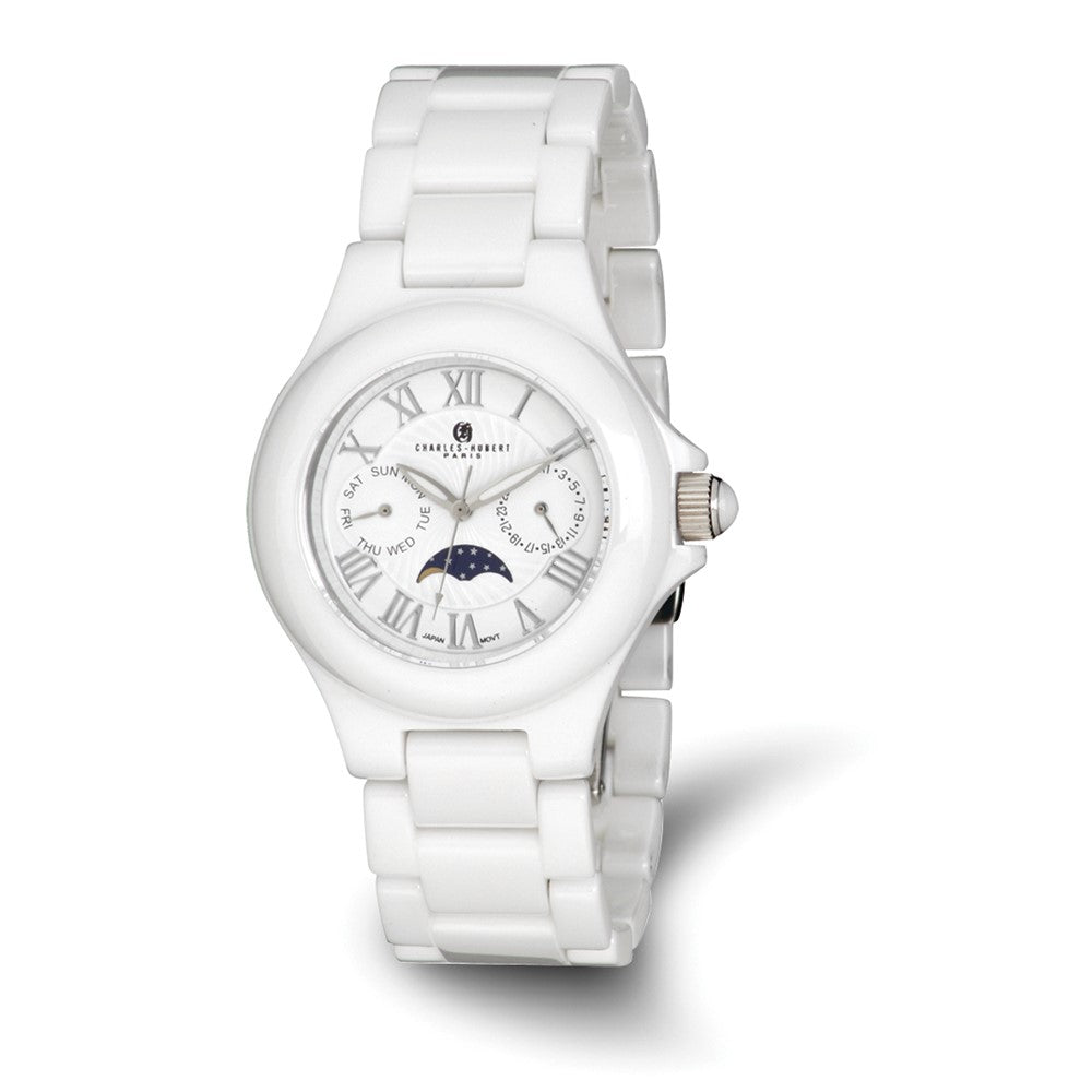 Charles Hubert Mens White Ceramic Multifunction Watch - Black Bow