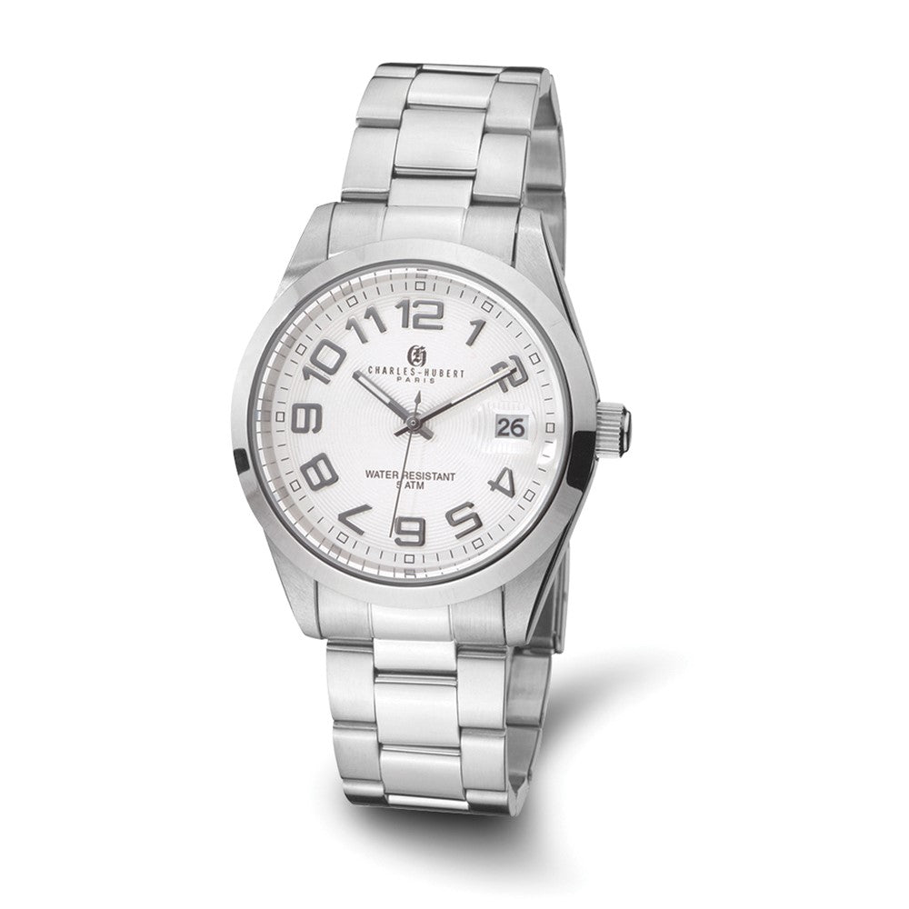 Charles Hubert Mens Stainless Steel White Dial Analog Watch, Item W8464 by The Black Bow Jewelry Co.