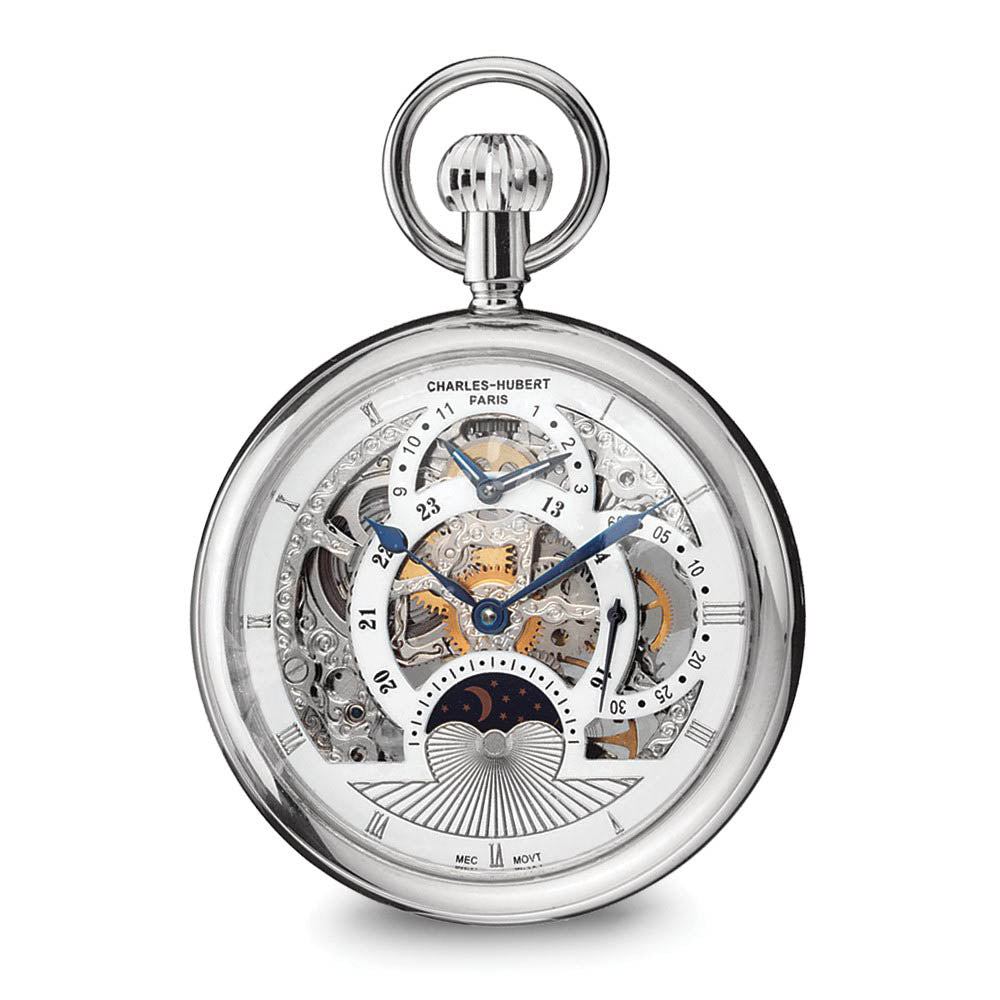 Charles Hubert Stnlss Steel Open Face Skeleton Dual Time Pocket Watch, Item W8487 by The Black Bow Jewelry Co.