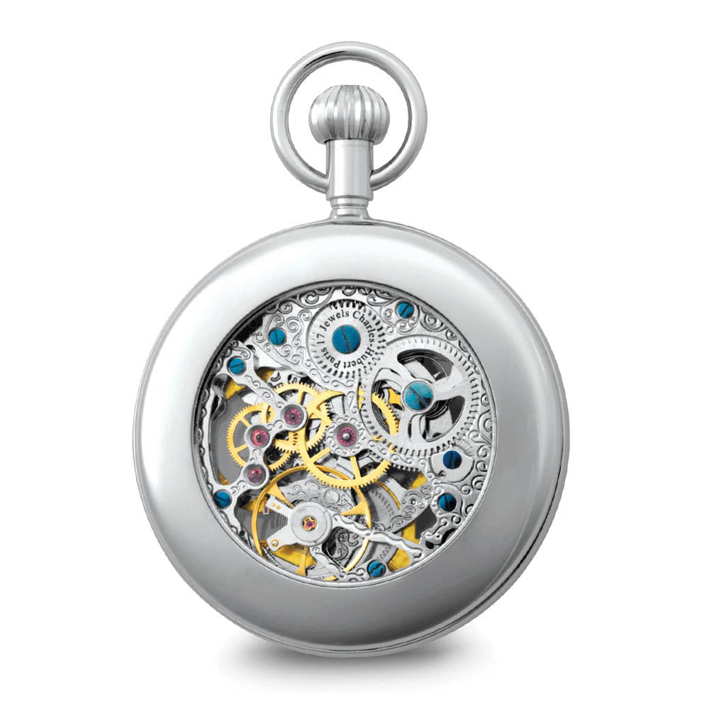 Alternate view of the Charles Hubert Stnlss Steel Open Face Skeleton Dual Time Pocket Watch by The Black Bow Jewelry Co.
