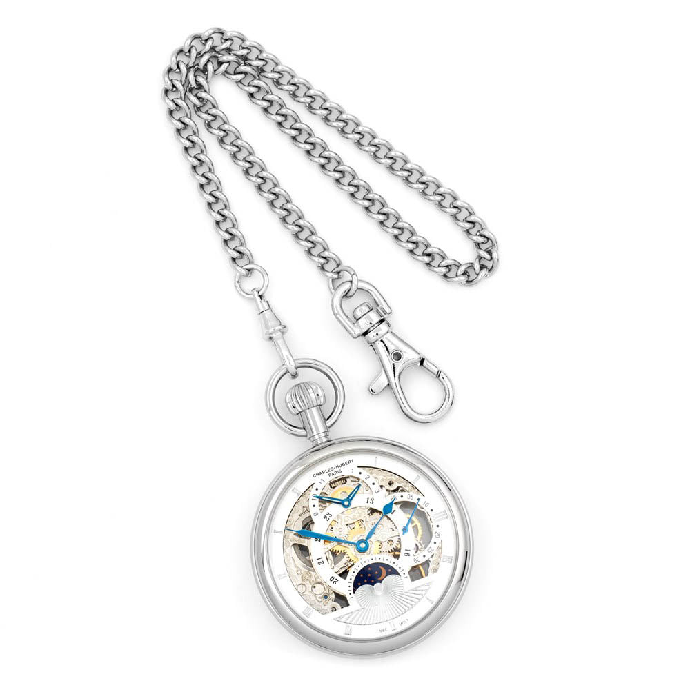 Alternate view of the Charles Hubert Stnlss Steel Open Face Skeleton Dual Time Pocket Watch by The Black Bow Jewelry Co.