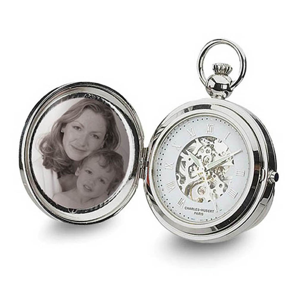 Charles Hubert Chrome Finish Brass Photo Insert 48mm Pocket Watch, Item W8488 by The Black Bow Jewelry Co.