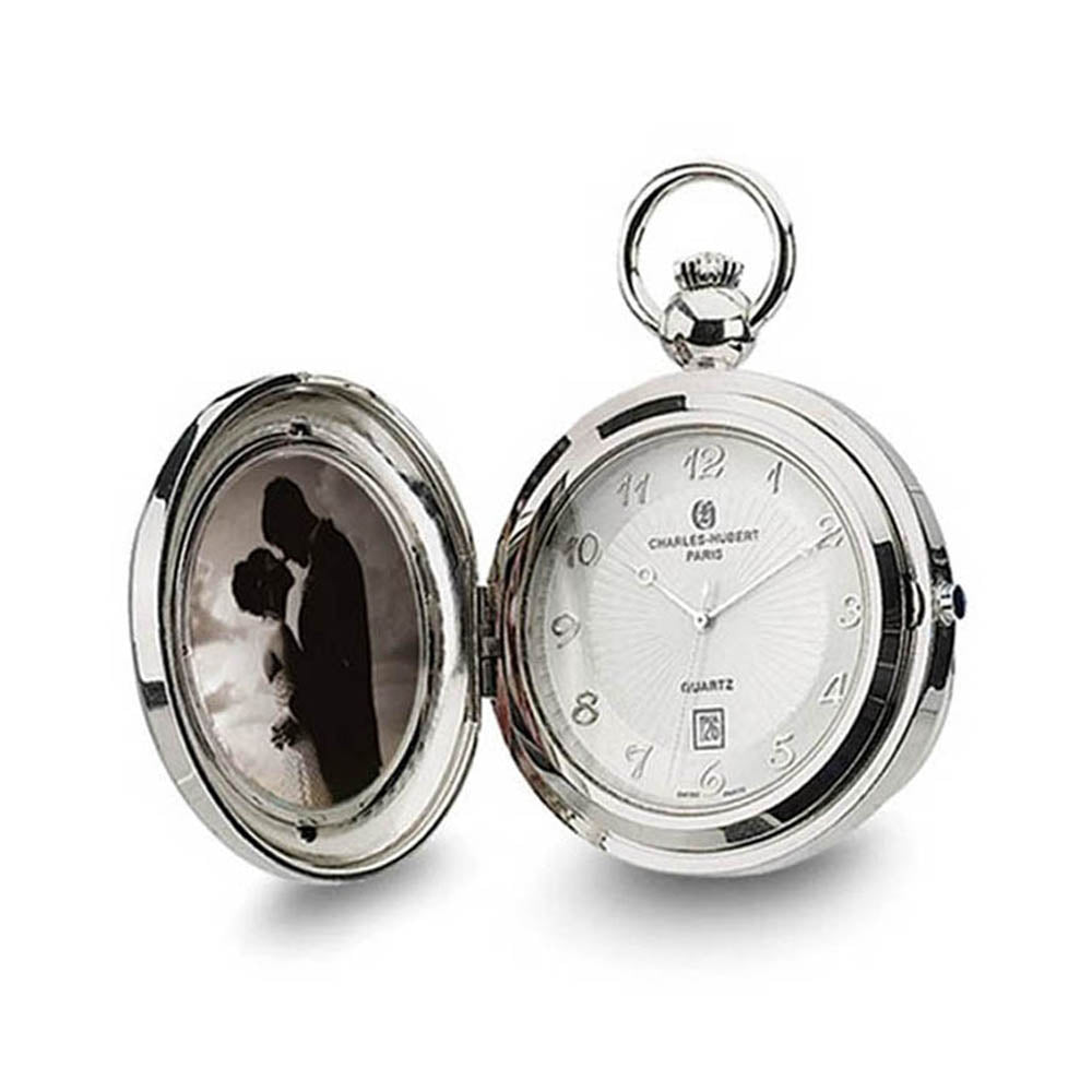 Charles Hubert Chrome Finish Brass Photo Insert Pocket Watch 48mm, Item W8489 by The Black Bow Jewelry Co.