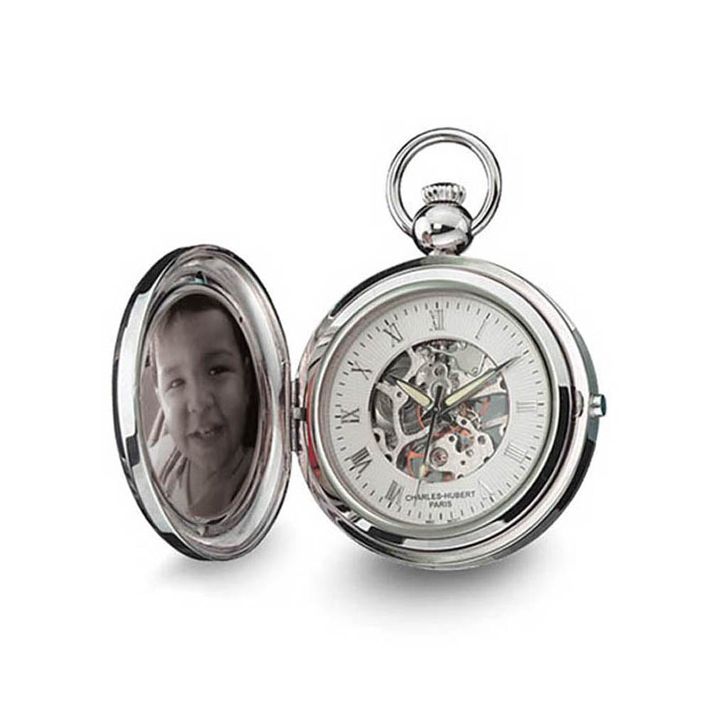 Charles Hubert Chrome Finish Brass 2-Photo Insert 48mm Pocket Watch, Item W8490 by The Black Bow Jewelry Co.