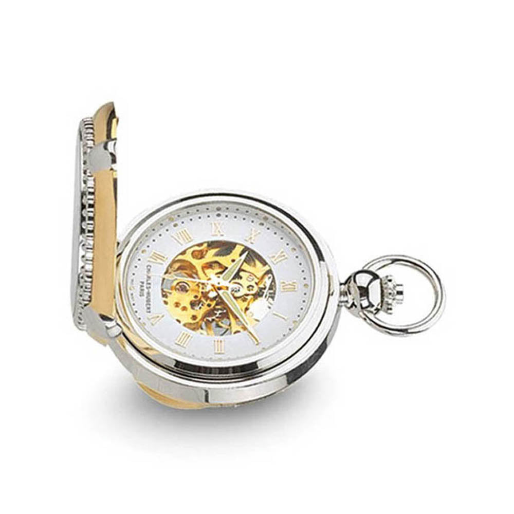 Charles Hubert Gold Finish 2-tone Brass 2-Photo Insert Pocket Watch, Item W8492 by The Black Bow Jewelry Co.