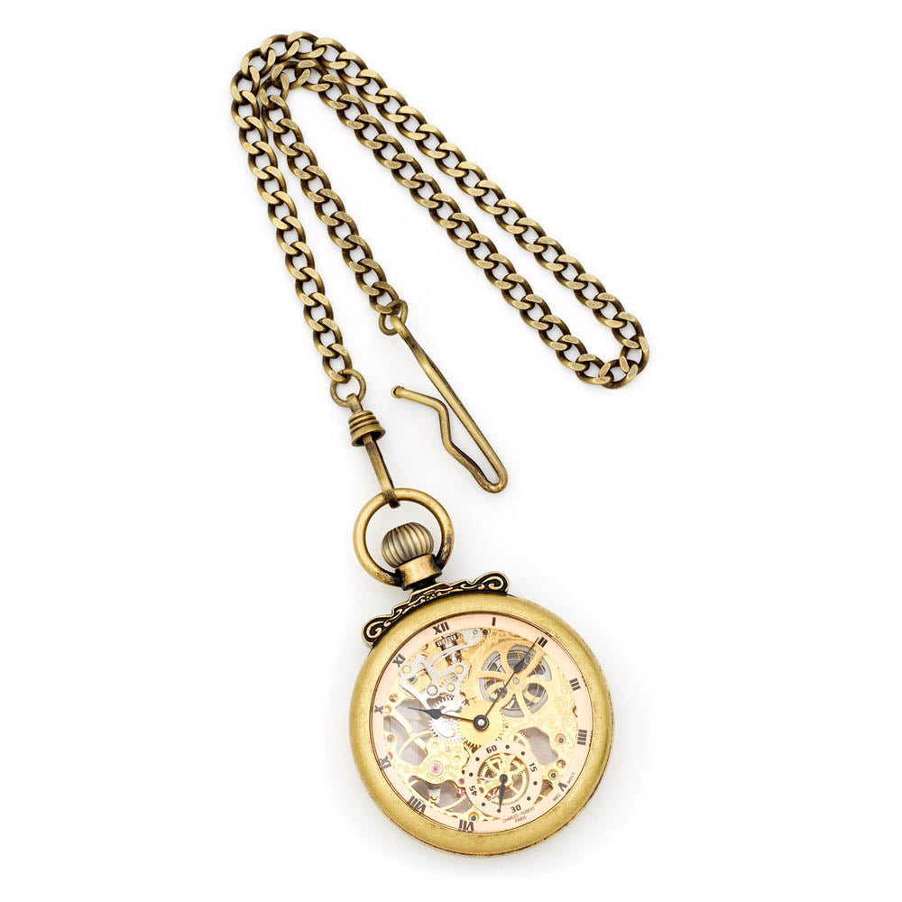 Alternate view of the Charles Hubert Antique Gold Finish Brass Skeleton Pocket Watch by The Black Bow Jewelry Co.