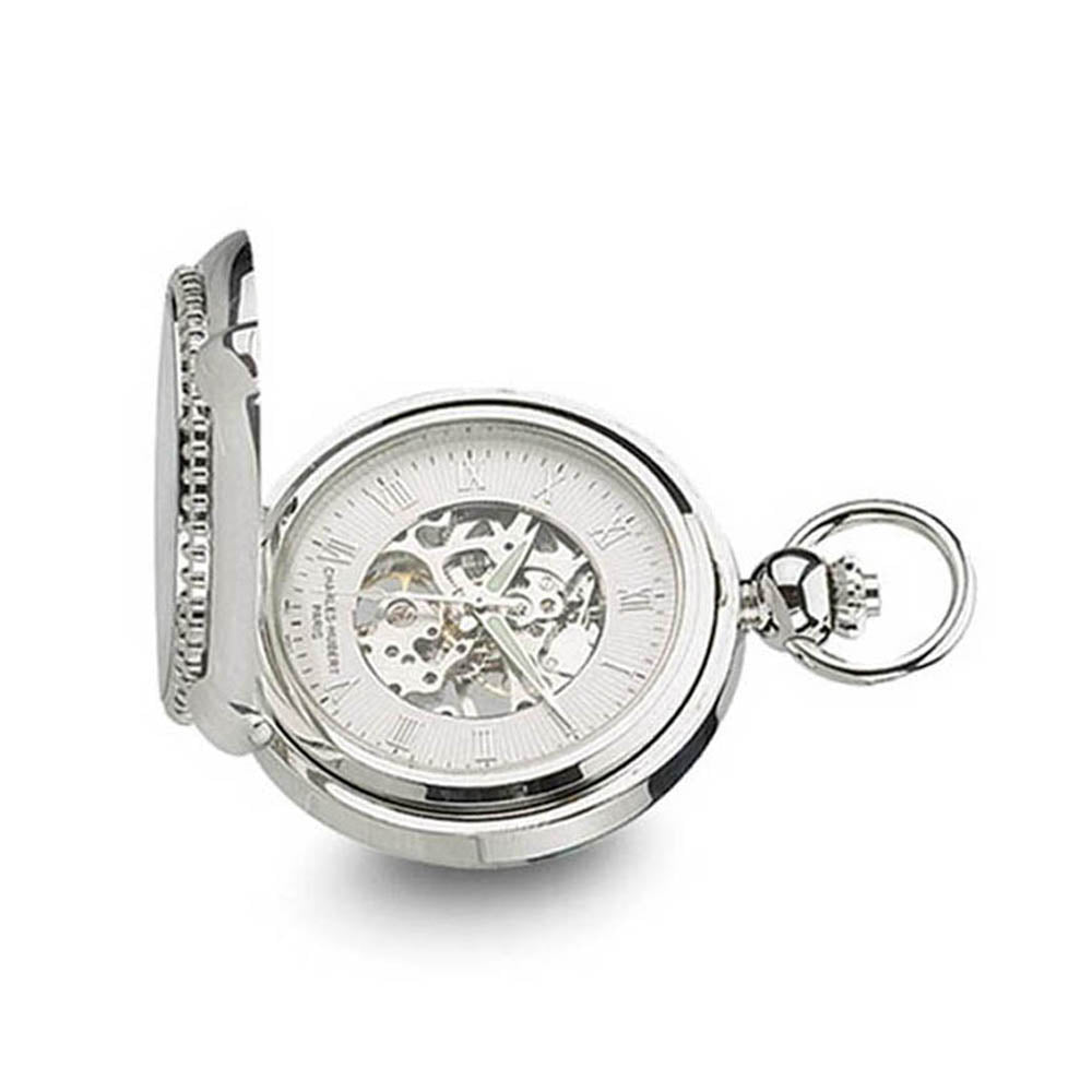 Charles Hubert Chrome Finish Brass 2-Photo Insert Pocket Watch 48mm, Item W8494 by The Black Bow Jewelry Co.