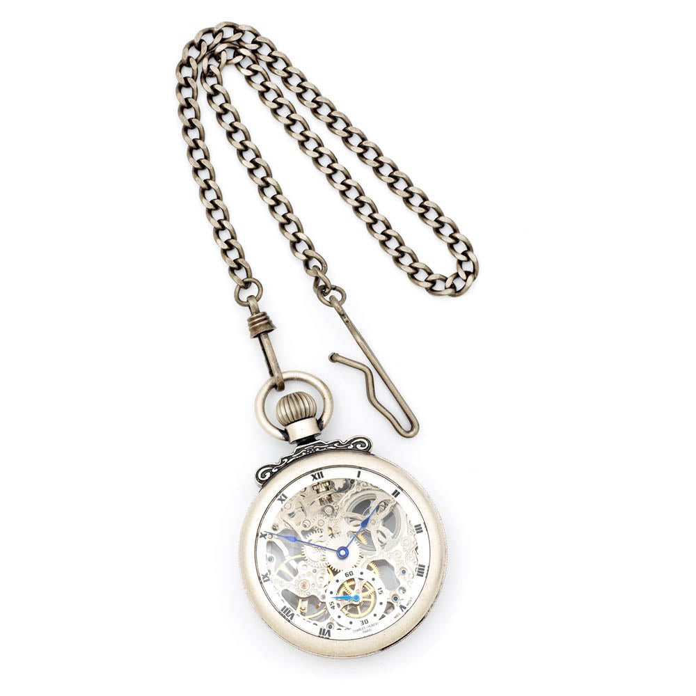 Alternate view of the Charles Hubert Antique Chrome Finish Brass Skeleton Pocket Watch by The Black Bow Jewelry Co.