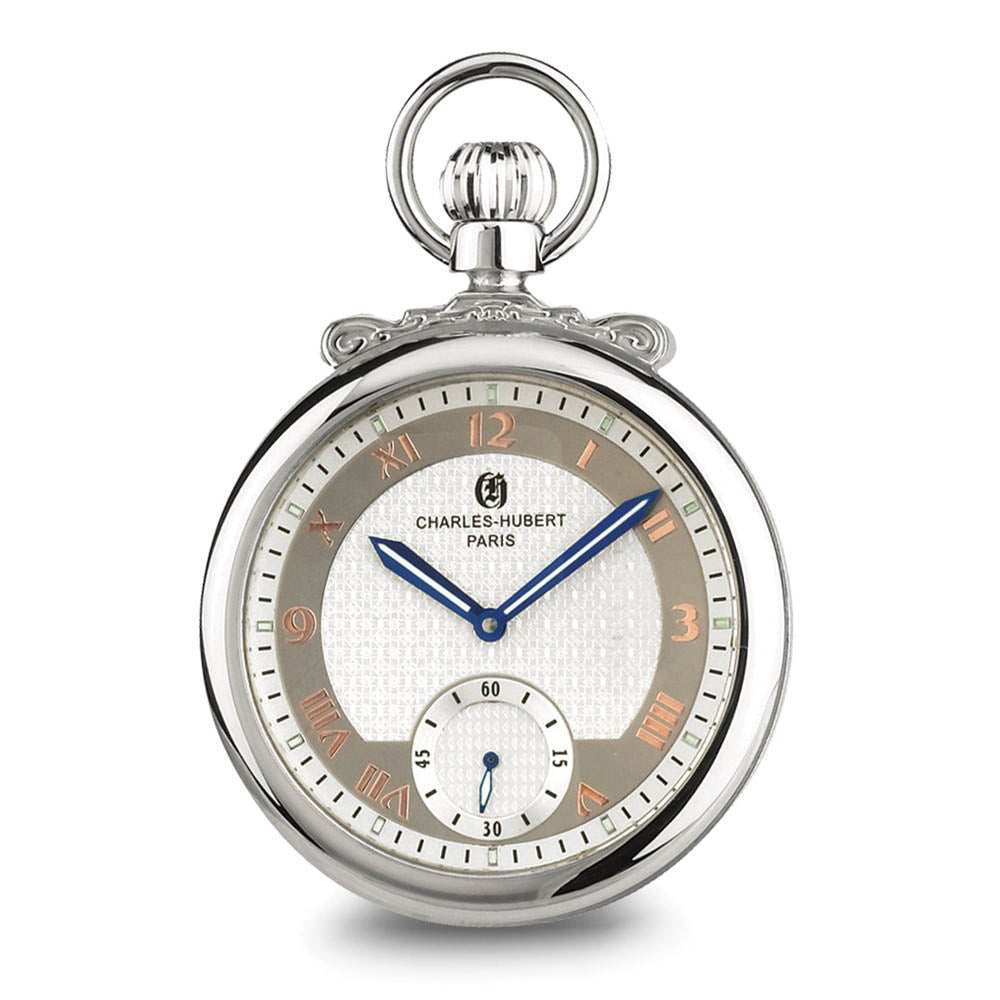 Charles Hubert Polished Finish Off-white Dial Open Face Pocket Watch, Item W8497 by The Black Bow Jewelry Co.
