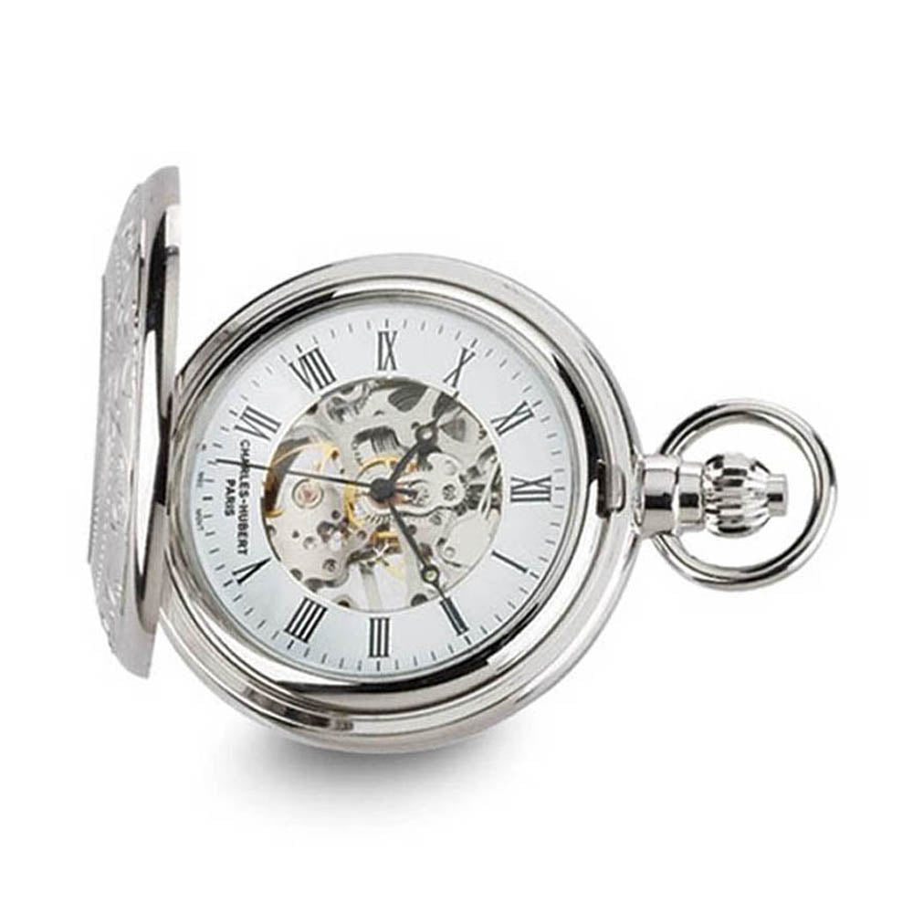 Charles Hubert Chrome Finish Brass Window Cover Pocket Watch, Item W8498 by The Black Bow Jewelry Co.