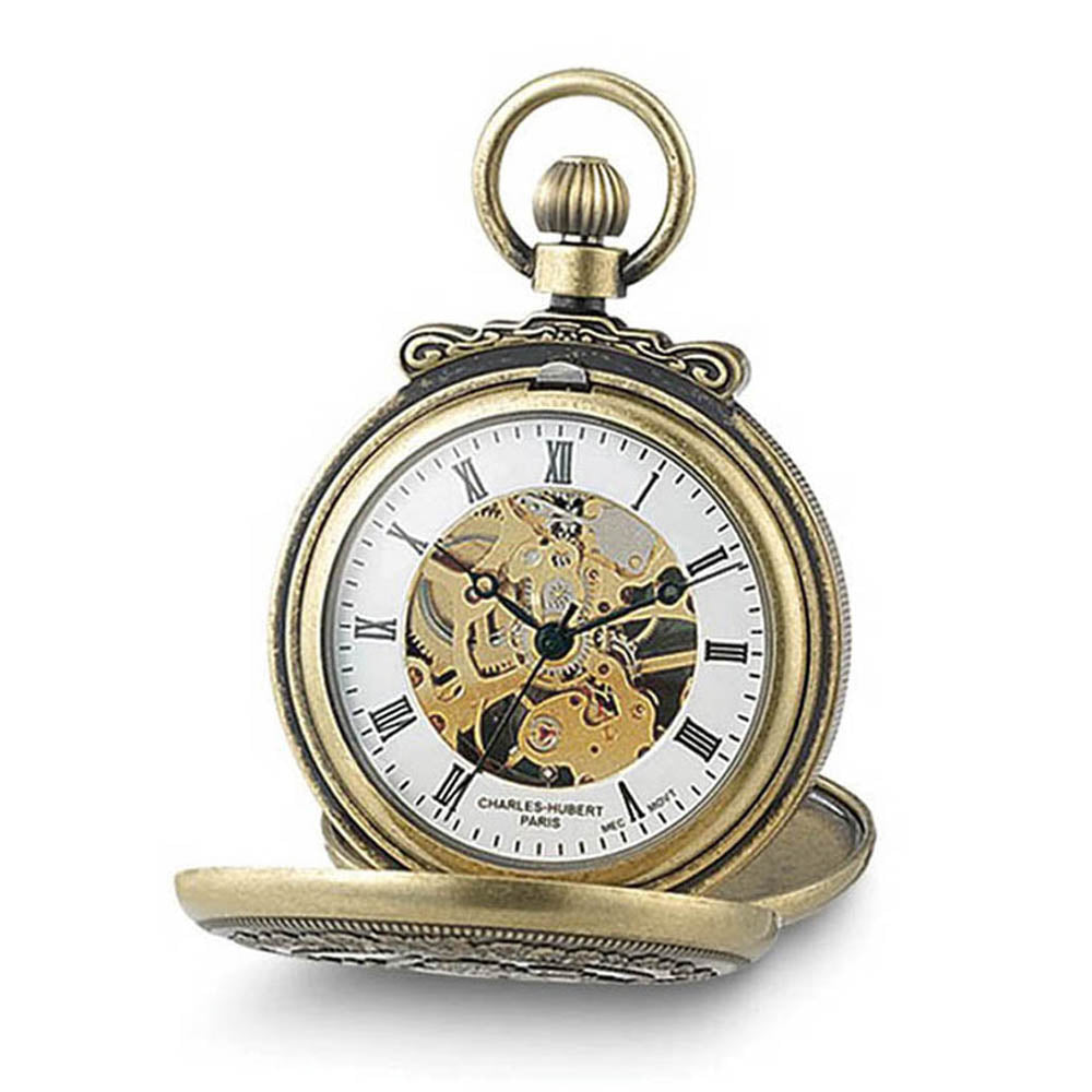Charles Hubert Antique Brass Case Gold Tone Skeleton 47mm Pocket Watch, Item W8501 by The Black Bow Jewelry Co.