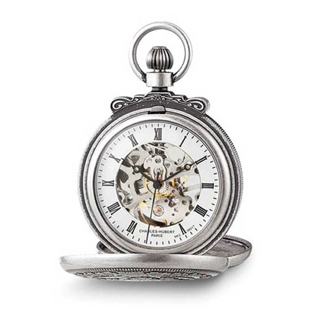 Charles Hubert Antique Chrome Finish Skeleton 47mm Pocket Watch, Item W8502 by The Black Bow Jewelry Co.