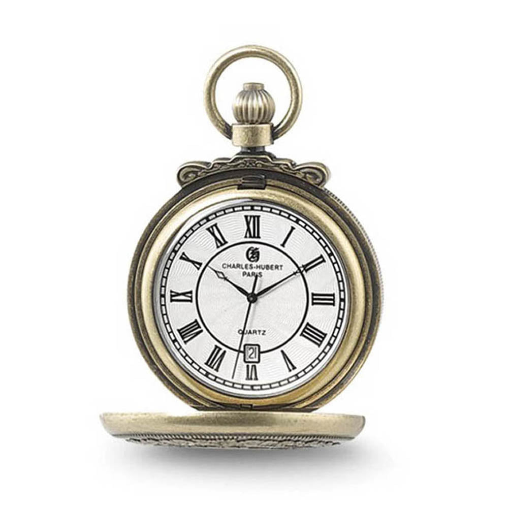 Charles Hubert Antique Gold Finish Steam Engine Pocket Watch, Item W8507 by The Black Bow Jewelry Co.