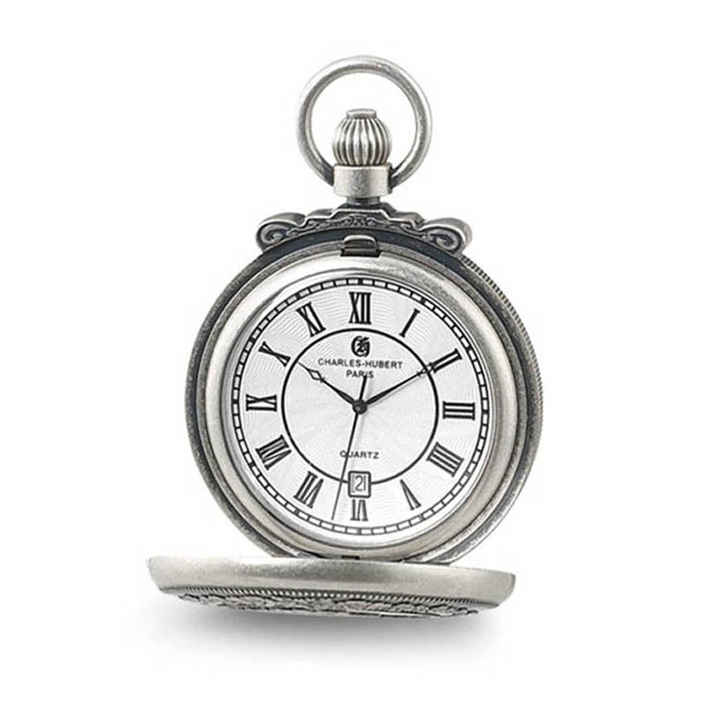 Charles Hubert Antique Chrome Finish Steam Engine Pocket Watch, Item W8508 by The Black Bow Jewelry Co.