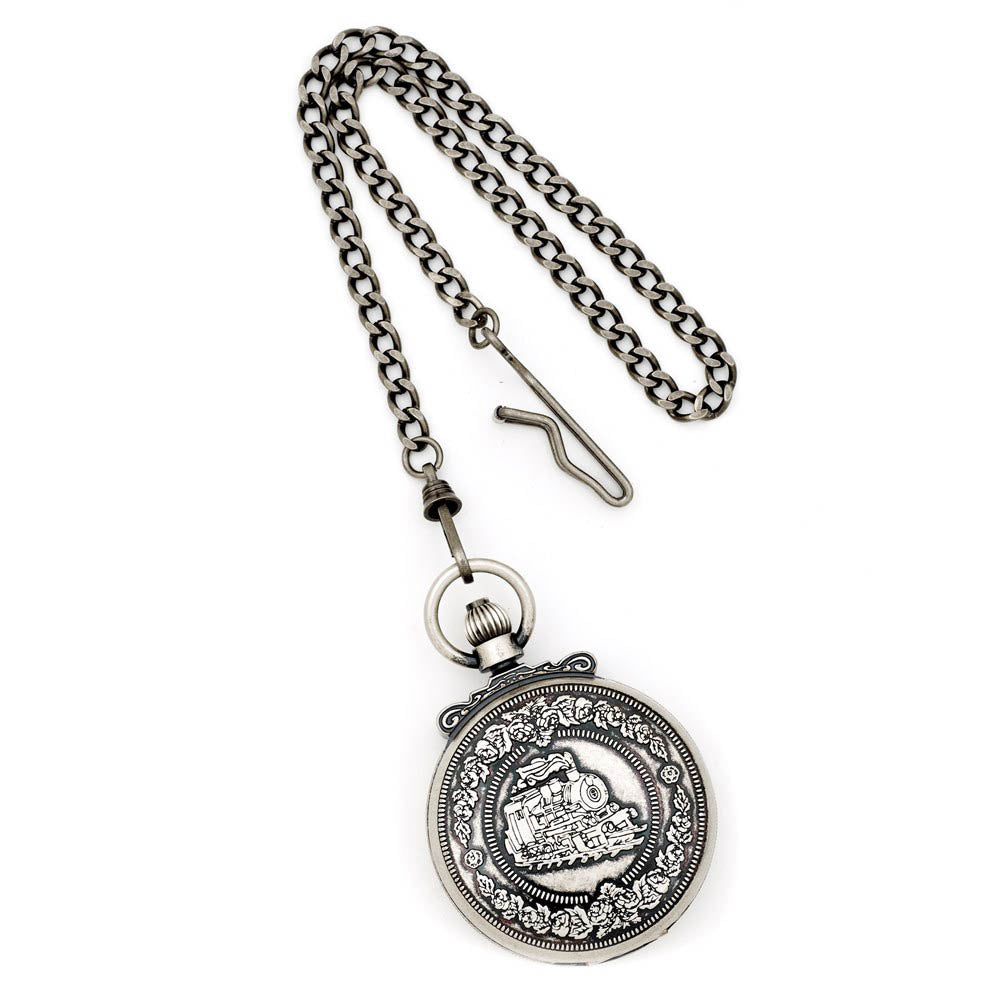 Alternate view of the Charles Hubert Antique Chrome Finish Steam Engine Pocket Watch by The Black Bow Jewelry Co.