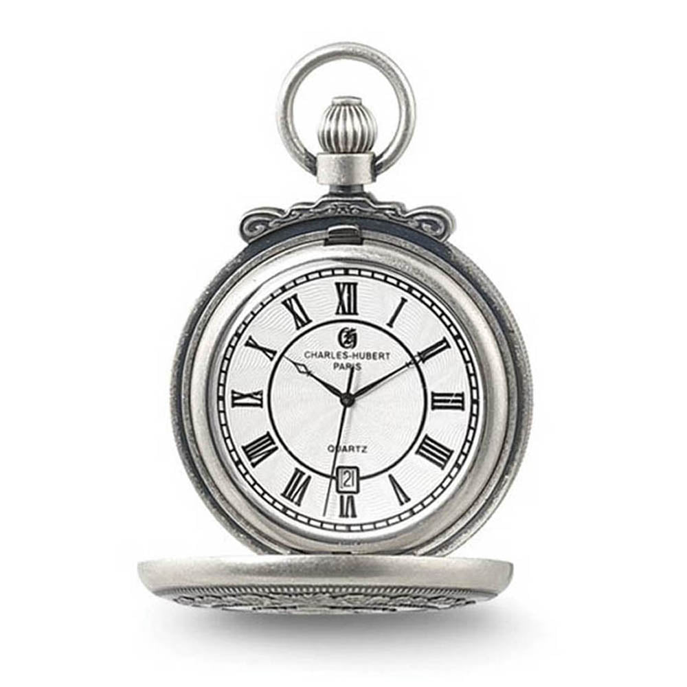 Charles Hubert Antique Chrome Finish Shield Pocket Watch, Item W8510 by The Black Bow Jewelry Co.