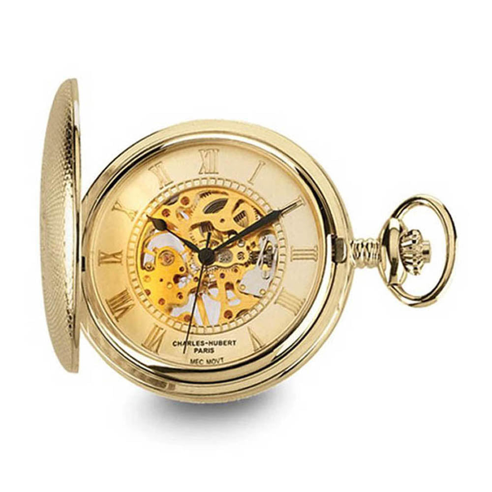 Charles Hubert Gold Finish Brass Skeleton Pocket Watch, Item W8511 by The Black Bow Jewelry Co.