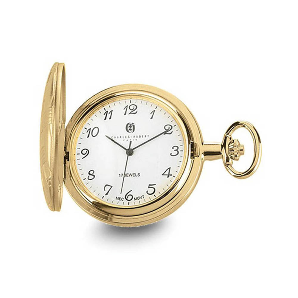 Charles Hubert Gold Finish Brass White Dial Pocket Watch 42mm, Item W8513 by The Black Bow Jewelry Co.