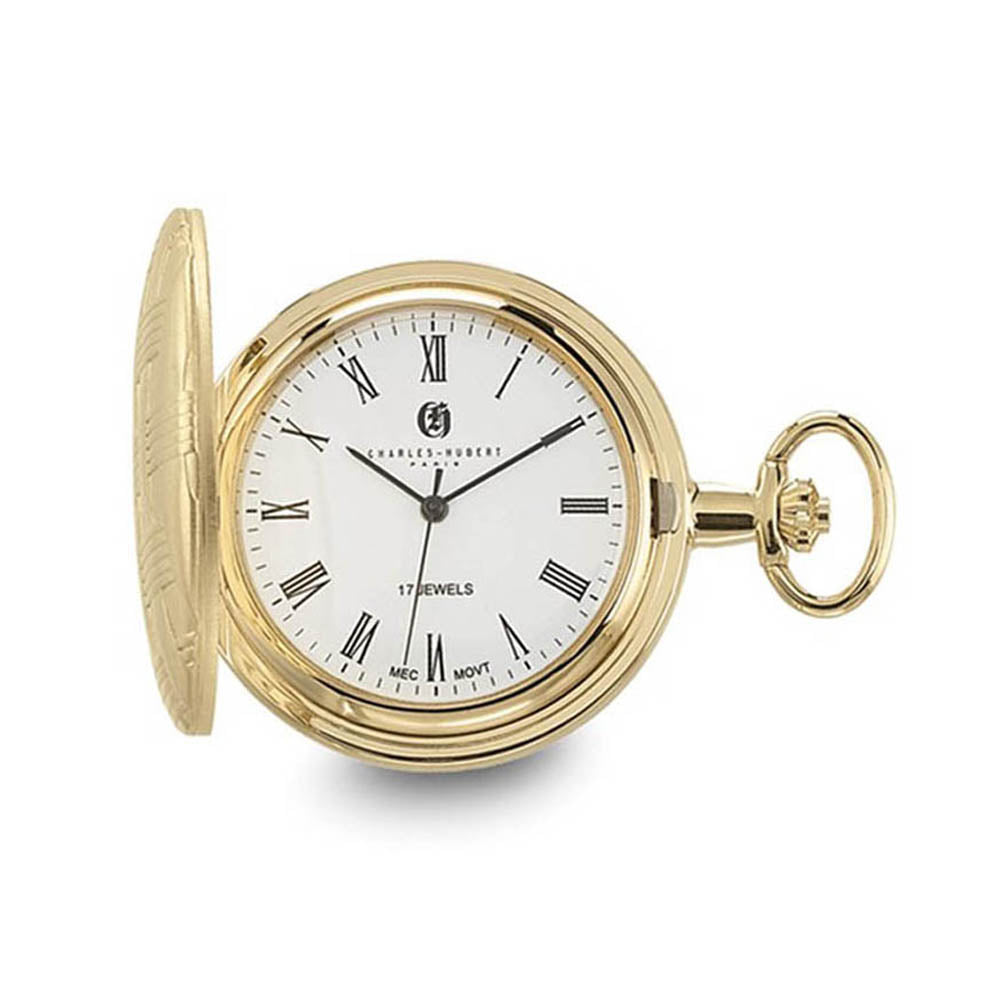 Charles Hubert Gold Finish Brass Basketweave Pocket Watch 42mm, Item W8516 by The Black Bow Jewelry Co.