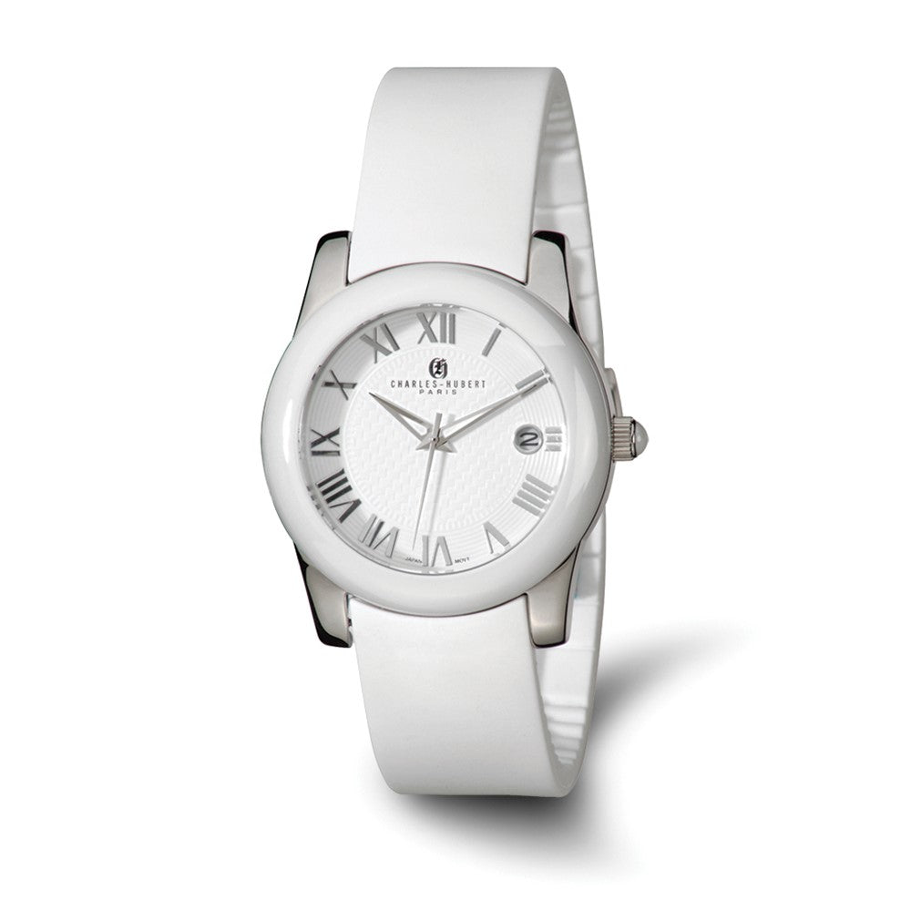 Charles Hubert Ladies Stnlss Stl/Ceramic White Dial Watch, Item W8529 by The Black Bow Jewelry Co.