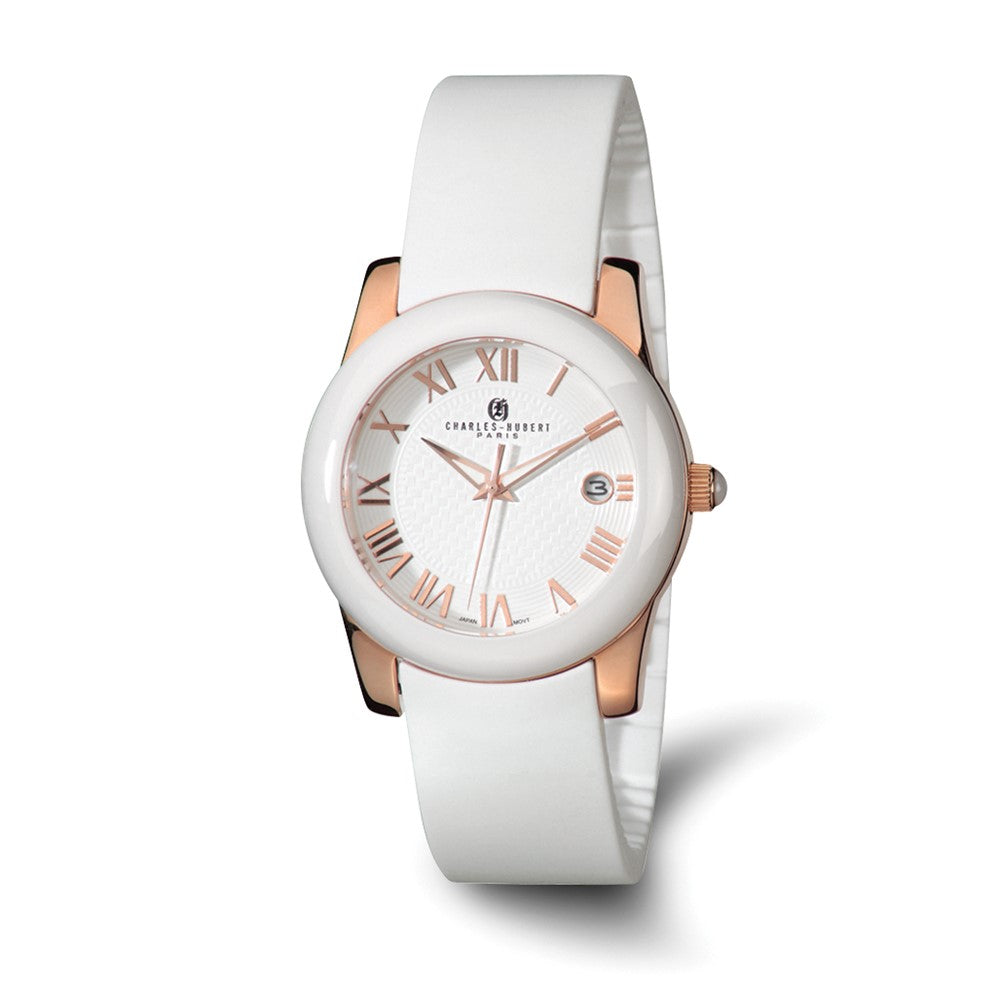 Charles Hubert Ladies Rose Tone Stnlss Stl/Ceramic White Dial Watch, Item W8530 by The Black Bow Jewelry Co.