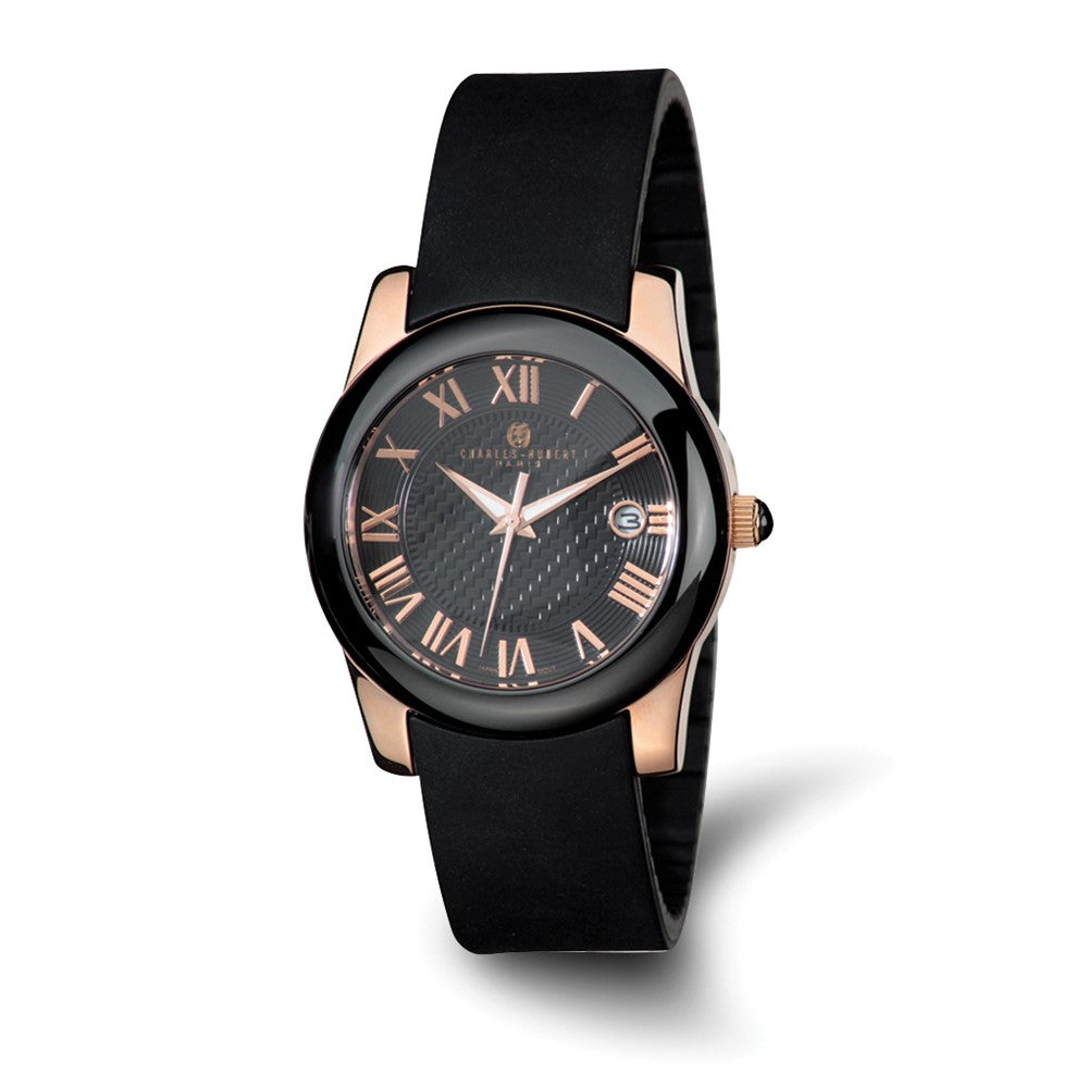 Charles Hubert Rose IP-pltd Stnlss Stl/Ceramic Black Dial Watch, Item W8531 by The Black Bow Jewelry Co.