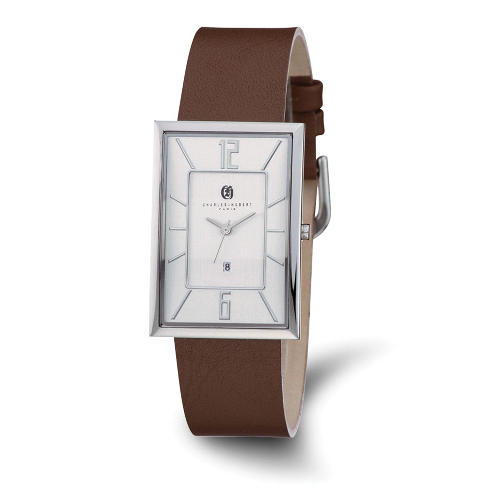 Charles Hubert Mens Stainless Steel Silver Dial Rectangle Quartz Watch, Item W8534 by The Black Bow Jewelry Co.