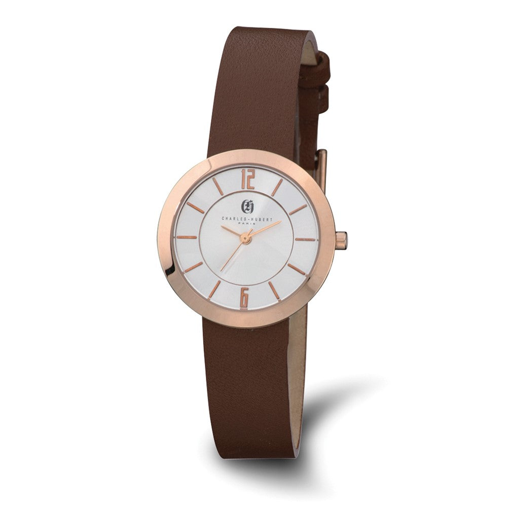 Charles Hubert Ladies Rose Tone Stainless Steel & Brown Round Watch, Item W8540 by The Black Bow Jewelry Co.